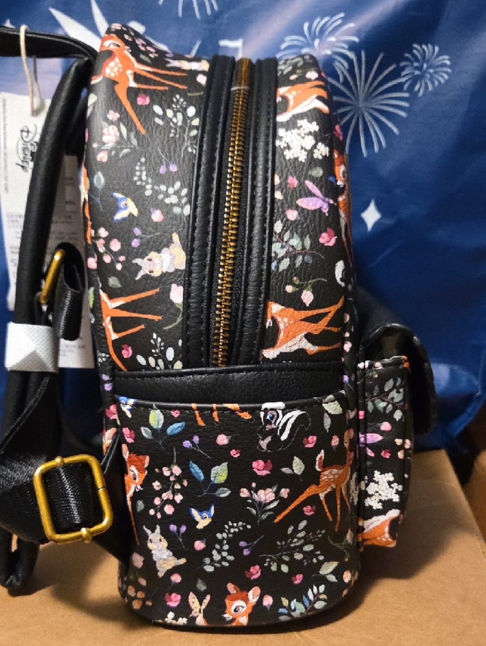 Loungefly Black Bambi‎ Floral Mini Backpack with Gold Emblem - Picture 4 of 8